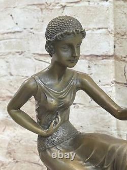 Signed Chiparus Girl with Parrot Bronze Statue Marble Base Sculpture Decor