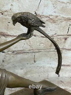 'Signed Chiparus Girl with Parrot Bronze Statue Marble Base Sculpture Decor'