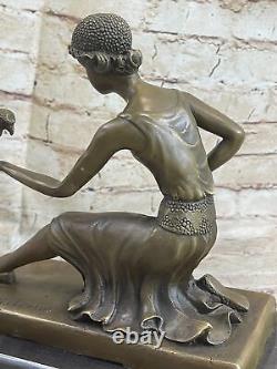 'Signed Chiparus Girl with Parrot Bronze Statue Marble Base Sculpture Decor'