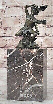 Signed Classic Bronze Statue of Flying Mercury Marble Figurine