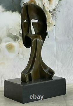 Signed Cubism Two Face Abstract Marble Base Sculpture Modern Art Figure
