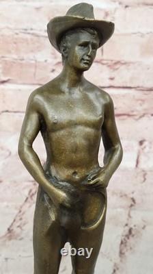 Signed Erotic Marble Nude Gay Man Cowboy Bronze Sculpture Statue