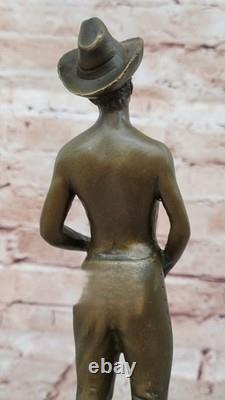 Signed Erotic Marble Nude Gay Man Cowboy Bronze Sculpture Statue