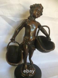 Signed Fin Suzanne Bizard Girl with Baskets French Bronze / Marble Figurine