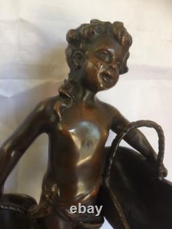Signed Fin Suzanne Bizard Girl with Baskets French Bronze / Marble Figurine