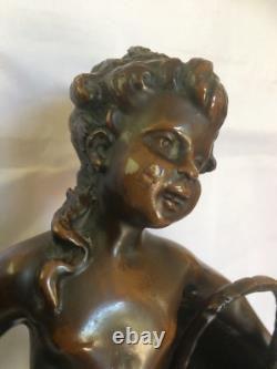 Signed Fin Suzanne Bizard Girl with Baskets French Bronze / Marble Figurine