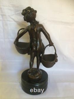 Signed Fin Suzanne Bizard Girl with Baskets French Bronze / Marble Figurine