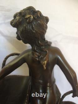 Signed Fin Suzanne Bizard Girl with Baskets French Bronze / Marble Figurine