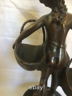 Signed Fin Suzanne Bizard Girl with Baskets French Bronze / Marble Figurine