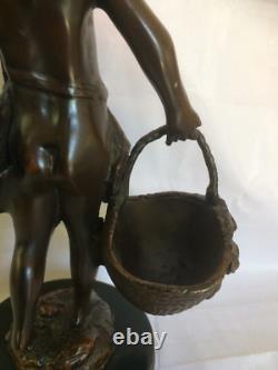 Signed Fin Suzanne Bizard Girl with Baskets French Bronze / Marble Figurine