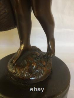 Signed Fin Suzanne Bizard Girl with Baskets French Bronze / Marble Figurine