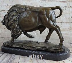 Signed Font Bronze Marble American Statue Buffalo Bison Animal Sculpture