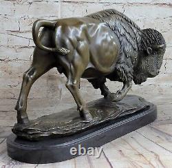 Signed Font Bronze Marble American Statue Buffalo Bison Animal Sculpture