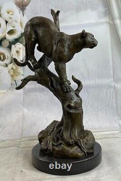 Signed Font Bronze Marble Cougar Mountain Lion Panther Sculpture Statue