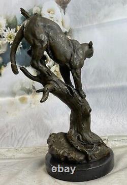 Signed Font Bronze Marble Cougar Mountain Lion Panther Sculpture Statue