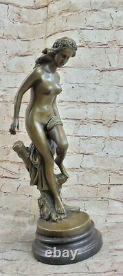 Signed French Dalou Fair Maiden Bronze Sculpture Art Deco Marble Base Open No.