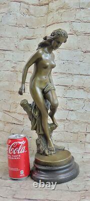 Signed French Dalou Fair Maiden Bronze Sculpture Art Deco Marble Base Open No.