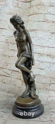 Signed French Dalou Fair Maiden Bronze Sculpture Art Deco Marble Base Open No.