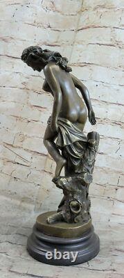 Signed French Dalou Fair Maiden Bronze Sculpture Art Deco Marble Base Open No.