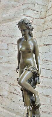 Signed French Dalou Fair Maiden Bronze Sculpture Art Deco Marble Base Open No.