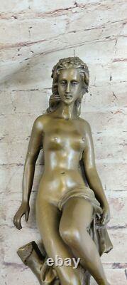 Signed French Dalou Fair Maiden Bronze Sculpture Art Deco Marble Base Open No.