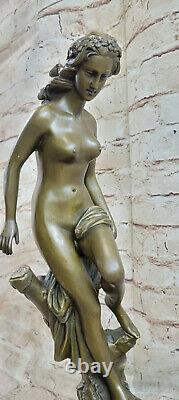 Signed French Dalou Fair Maiden Bronze Sculpture Art Deco Marble Base Opens