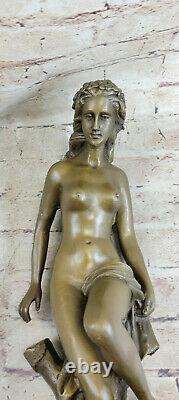 Signed French Dalou Fair Maiden Bronze Sculpture Art Deco Marble Base Opens