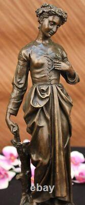 Signed French Fair Maiden Bronze Sculpture Art Deco Marble Base Figure Gift