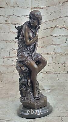 Signed French Rock Chair Maiden Bronze Sculpture Art Deco Marble Base Opens