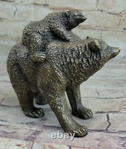 Signed Genuine Bronze Black Mother Bear Lion Cub West Art Marble Base Sculpture