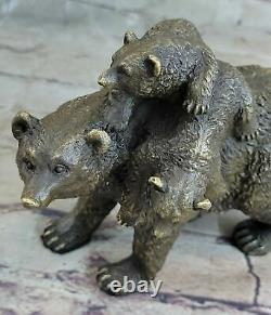 Signed Genuine Bronze Black Mother Bear Lion Cub West Art Marble Base Sculpture