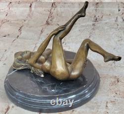 Signed Genuine Bronze Bookend Sculpture of a Nude Girl on a Marble Base