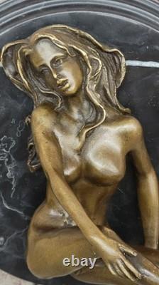 Signed Genuine Bronze Bookend Sculpture of a Nude Girl on a Marble Base