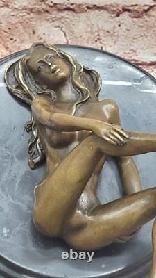Signed Genuine Bronze Bookend Sculpture of a Nude Girl on a Marble Base