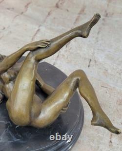 Signed Genuine Bronze Bookend Sculpture of a Nude Girl on a Marble Base