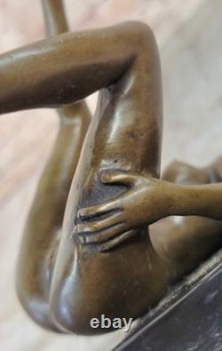 Signed Genuine Bronze Bookend Sculpture of a Nude Girl on a Marble Base