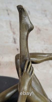 Signed Genuine Bronze Bookend Sculpture of a Nude Girl on a Marble Base