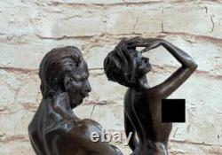 Signed Genuine Bronze Erotic Sculpture Chair Art Statue Marble Figurine Base