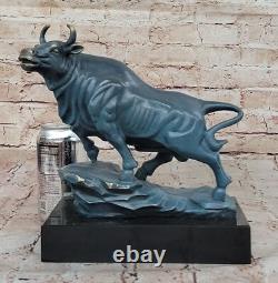 Signed Genuine Bronze Standing Stock Market Bull Statue on a Marble Base – Decorative Art