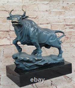Signed Genuine Bronze Standing Stock Market Bull Statue on a Marble Base – Decorative Art