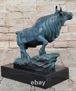 Signed Genuine Bronze Standing Stock Market Bull Statue on a Marble Base – Decorative Art