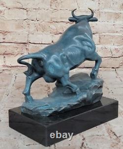 Signed Genuine Bronze Standing Stock Market Bull Statue on a Marble Base – Decorative Art