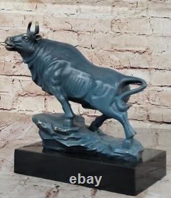 Signed Genuine Bronze Standing Stock Market Bull Statue on a Marble Base – Decorative Art