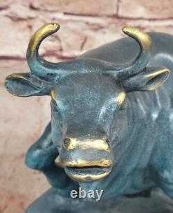 Signed Genuine Bronze Standing Stock Market Bull Statue on a Marble Base – Decorative Art