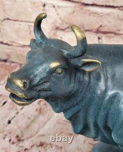 Signed Genuine Bronze Standing Stock Market Bull Statue on a Marble Base – Decorative Art