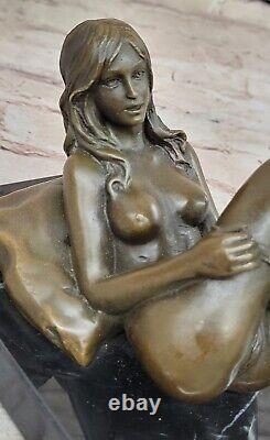 Signed Genuine Bronze on Marble Base Bookend Sculpture Nude Girl Displayed