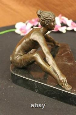 Signed Gory Young Girl Laying And Stretching Chaud Fonte Bronze Marble Sculpture