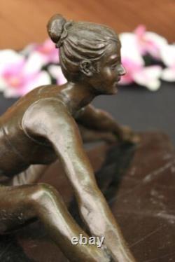 Signed Gory Young Girl Posing and Stretching Bronze Marble Sculpture Nr