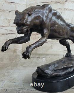 Signed Grand Bugatti Mountain Lion Bronze Sculpture Marble Base Figurine Deal Nr