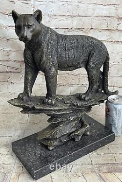 Signed Grand Bugatti Mountain Lion Bronze Sculpture Marble Base Figurine Decor